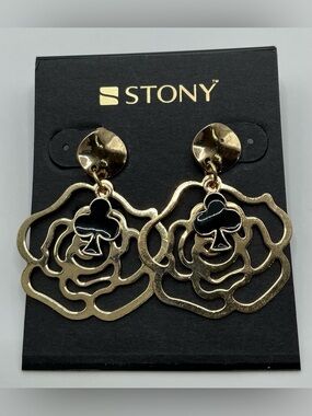 STONY GOLD TONE FLORAL DROP EARRINGS WITH BLACK CLUB ACCENT PIERCED